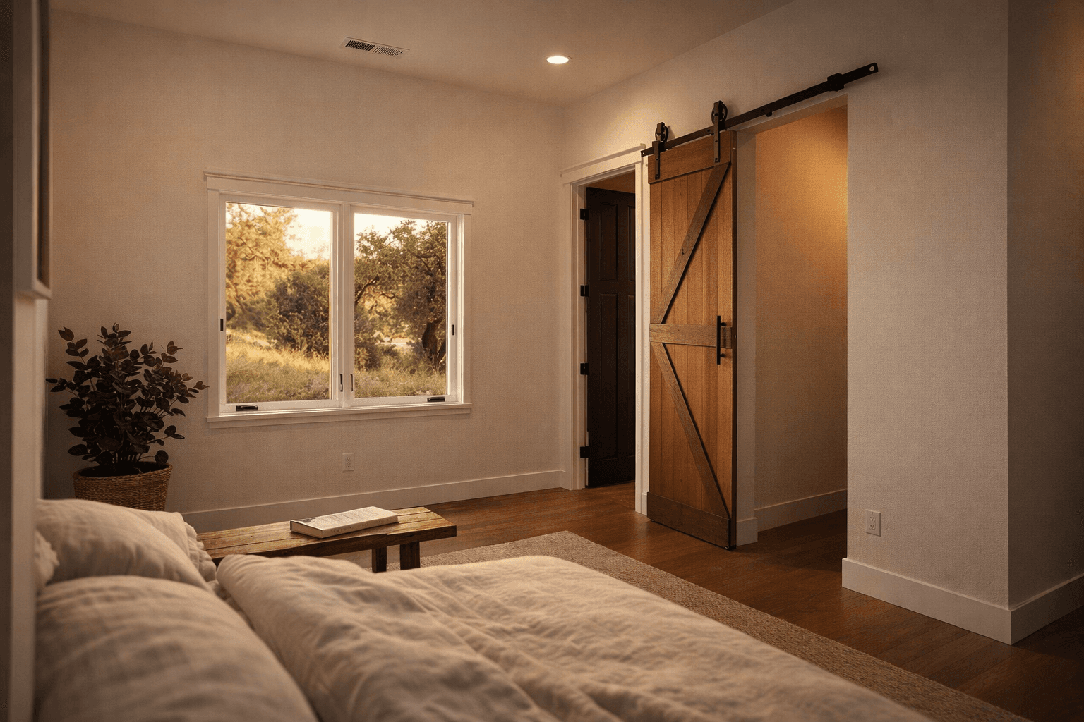 Bedroom with barn door and sunset view