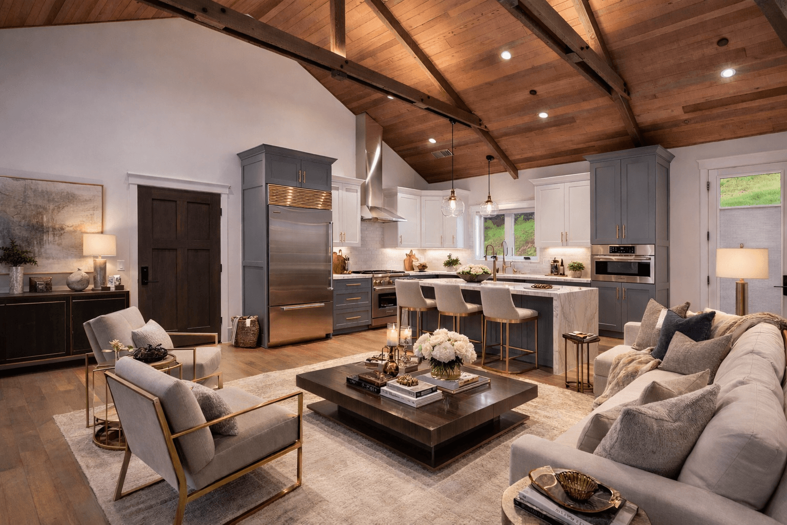 Open-plan living and kitchen with timber vaulted ceiling