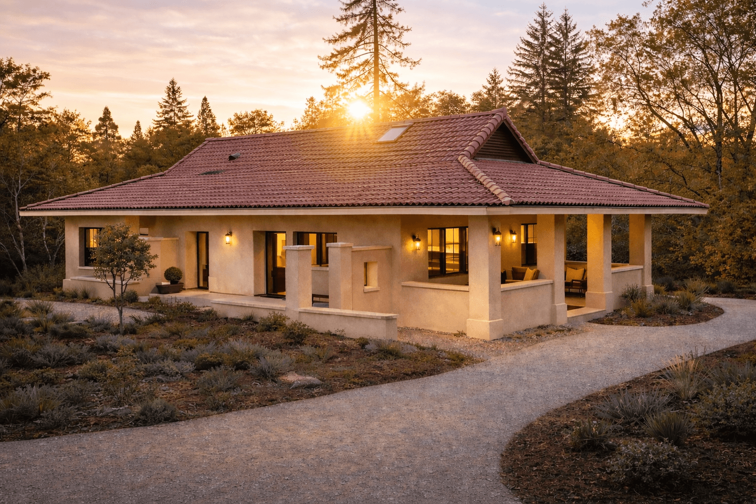 Rammed earth residential construction at sunset